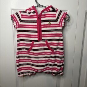 Baby Gap Hooded Terry Cloth Romper Pink Brown White Striped Logo Girls NB / 0-3M